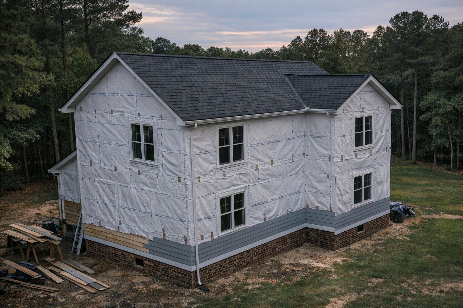 Two-story Durham, NC home mid re-side with house wrap exposed and new siding started at the base