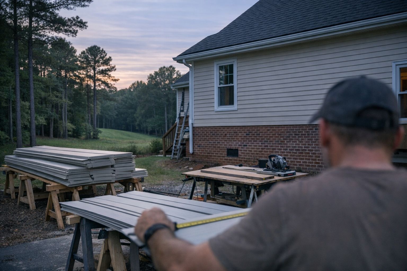 Siding panels staged on sawhorses at a Durham, NC re-siding job site