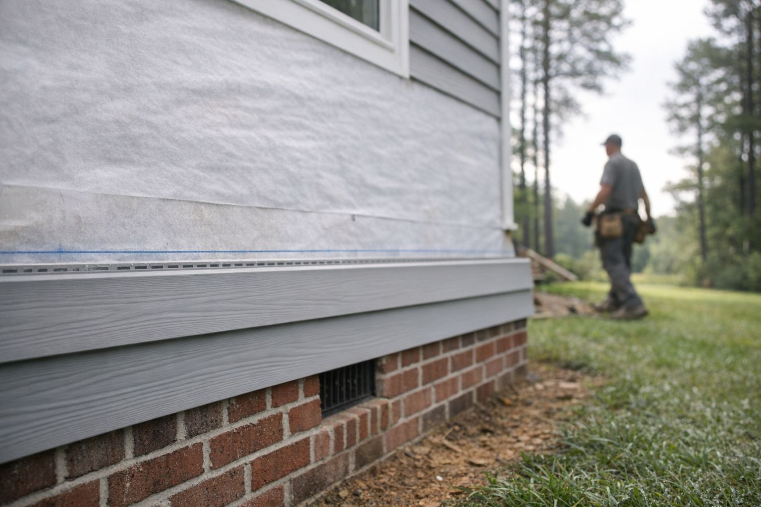 First courses of new vinyl lap siding set on a starter strip above a brick crawl-space skirt in Durham, NC