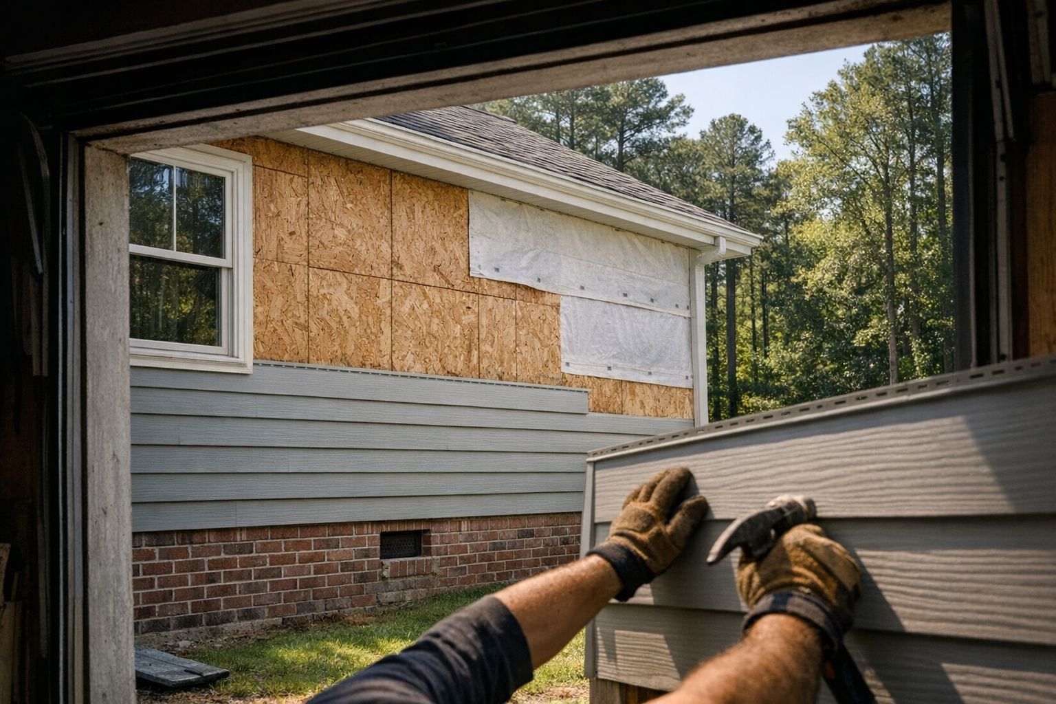 Exterior wall in Durham, NC partially re-sided with new lap siding over bare sheathing